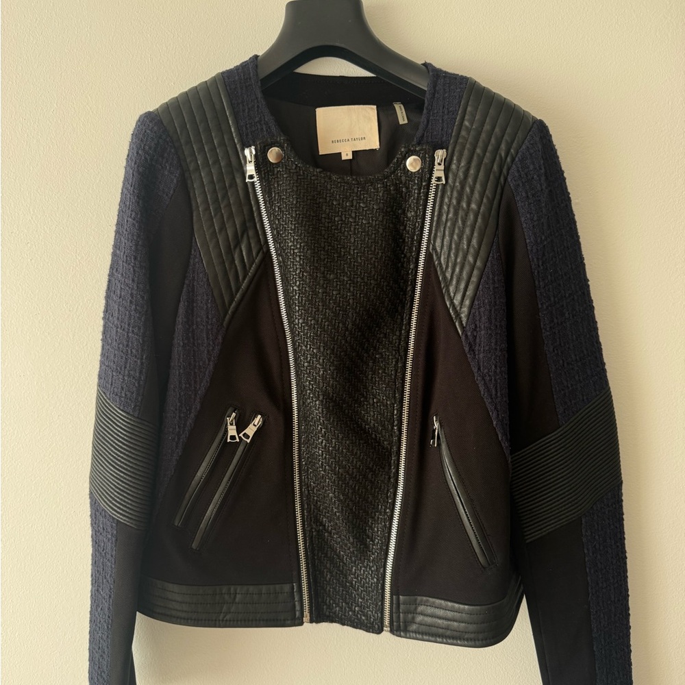 Rebecca Taylor Black and Navy Mixed-Texture Moto Jacket